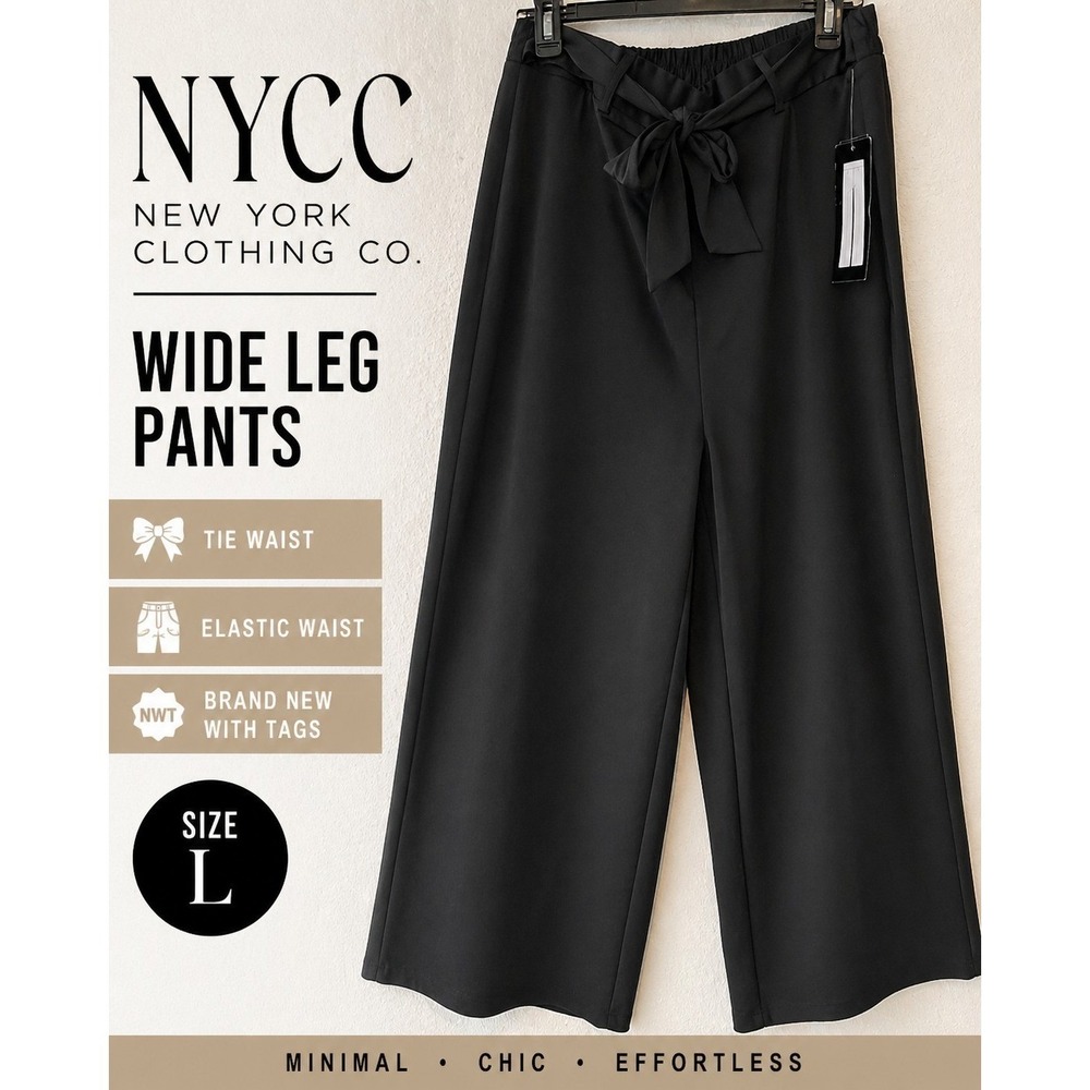 NYCC New York Clothing Co Black Wide Leg Pants Women L Tie Waist Elastic...